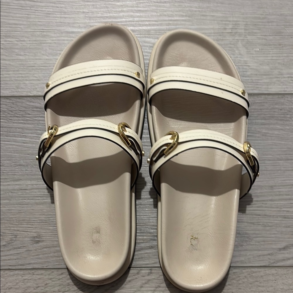 Zara Elegant Cream Slide Sandals with Gold Accents
